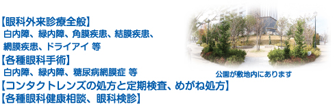 【眼科外来診療全般・各種手術・レーザー治療】
診療・治療内容
【眼科外来診療全般】
  白内障、緑内障、角膜疾患、結膜疾患、
  網膜疾患、ドライアイ 等
【各種眼科手術】
  白内障、緑内障、糖尿病網膜症 等
【コンタクトレンズの処方と定期検査、めがね処方】
【各種眼科健康相談、眼科検診】