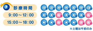 診療時間
9:00～12：00
15:00～18：00
※土曜は午前のみ